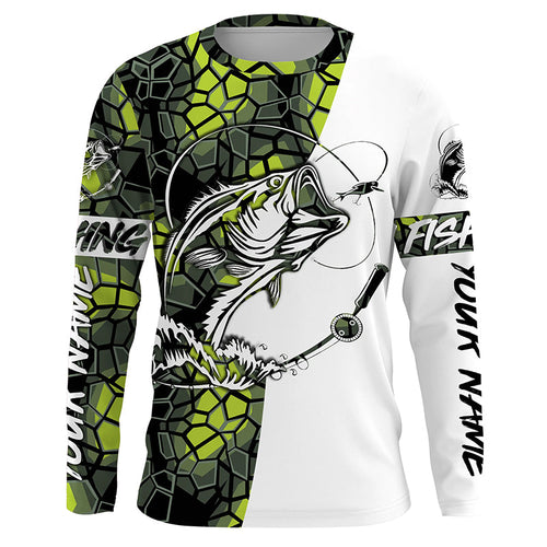 Largemouth Bass Fishing Custom Long Sleeve Shirts, Bass Tournament Fishing Jerseys | Green Camo IPHW3855