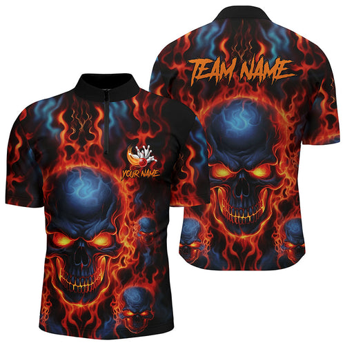 Flame Skull Custom Bowling Quarter Zip Shirts For Men, Team Bowling Jerseys Bowler Outfit IPHW5245