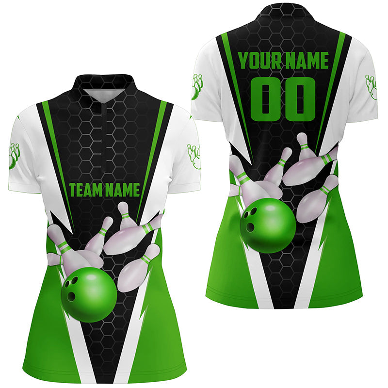 Custom Green Strike Bowling Quarter Zip Shirts Womens, Bowling Team Jerseys Name And Number IPHW5283