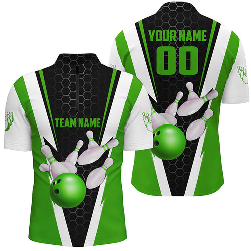 Custom Green Strike Bowling Quarter Zip Shirts For Men, Bowling Team Jerseys With Name And Number IPHW5283