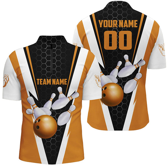 Custom Orange Strike Bowling Quarter Zip Shirts For Men, Bowling Team Jerseys With Number IPHW5284