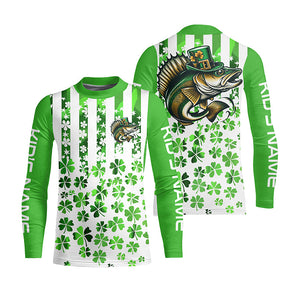 Personalized St Patrick'S Day Walleye Long Sleeve Fishing Shirts, Patriotic Walleye Fishing Jerseys IPHW5902