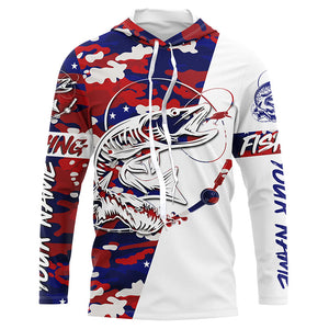 Red White Blue American Flag Camo Musky Long Sleeve Fishing Shirts, Custom Muskie Fishing Jerseys IPHW4563