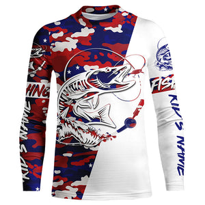 Red White Blue American Flag Camo Musky Long Sleeve Fishing Shirts, Custom Muskie Fishing Jerseys IPHW4563