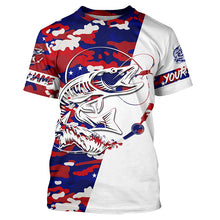Load image into Gallery viewer, Red White Blue American Flag Camo Musky Long Sleeve Fishing Shirts, Custom Muskie Fishing Jerseys IPHW4563