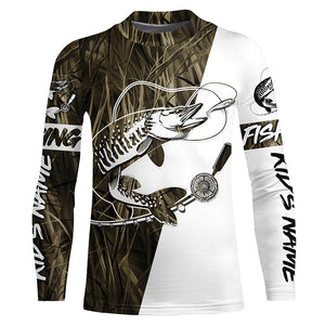 Musky Fishing Tattoo Grass Camo Custom Long Sleeve Tournament Shirts, Muskie Fishing Jerseys IPHW6129