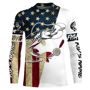 Custom American Flag Musky Tattoo Grass Camo Long Sleeve Fishing Shirts, Patriotic Muskie Shirt IPHW6130