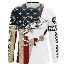 Load image into Gallery viewer, Custom American Flag Musky Tattoo Grass Camo Long Sleeve Fishing Shirts, Patriotic Muskie Shirt IPHW6130