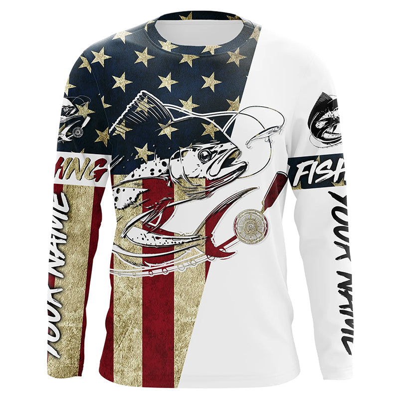 Custom American Flag Mahi Mahi Tattoo Camo Long Sleeve Fishing Shirts, Patriotic Mahimahi Shirt IPHW6131