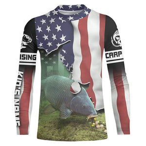 Carp Fishing American Flag Custom Long Sleeve Fishing Shirts, Patriotic tournament Fishing Shirts - IPH1171