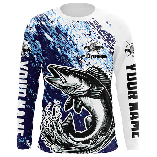 Custom Walleye Fishing Jerseys, Walleye Long Sleeve Performamce Fishing Shirts Adult And Kid | Blue IPHW5595