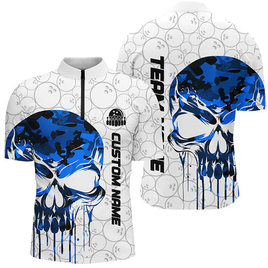 Custom Blue Camo Skull Bowling Quarter Zip Shirts Men Team Bowling Jerseys Bowling League Outfit IPHW5306