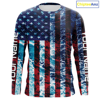 Custom Saltwater Long Sleeve Uv Fishing Shirts, American Flag Sea Wave Camo Fishing Shirts IPHW5028