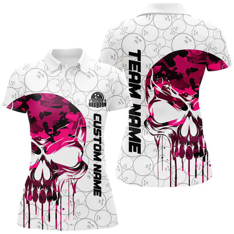 Custom Pink Camo Skull Bowling Polo Shirts Women Team Bowling Jerseys Outfit IPHW5328