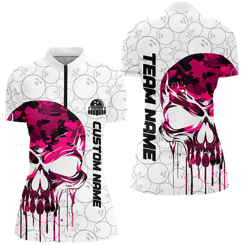 Custom Pink Camo Skull Bowling Quarter-Zip Shirts Women Team Bowling Jerseys Outfit IPHW5328