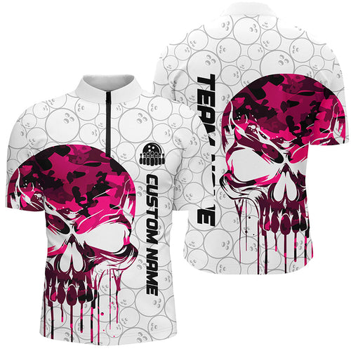 Custom Pink Camo Skull Bowling Quarter Zip Shirts Men Team Bowling Jerseys Bowling League Outfit IPHW5328