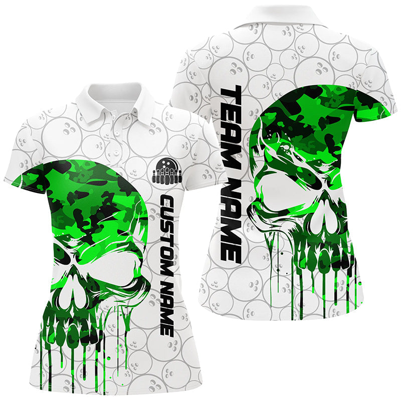 Custom Green Camo Skull Bowling Polo Shirts Women Team Bowling Jerseys Bowling League IPHW5329