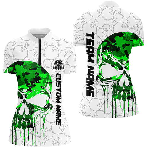 Custom Green Camo Skull Bowling Quarter-Zip Shirt Women Team Bowling Jerseys Bowling League IPHW5329