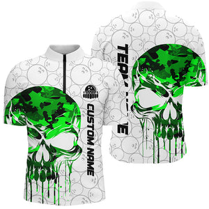 Green Camo Custom Skull Bowling Shirt For Men, Bowling Team Quarter Zip Shirts Outfit Bowling IPHW5329