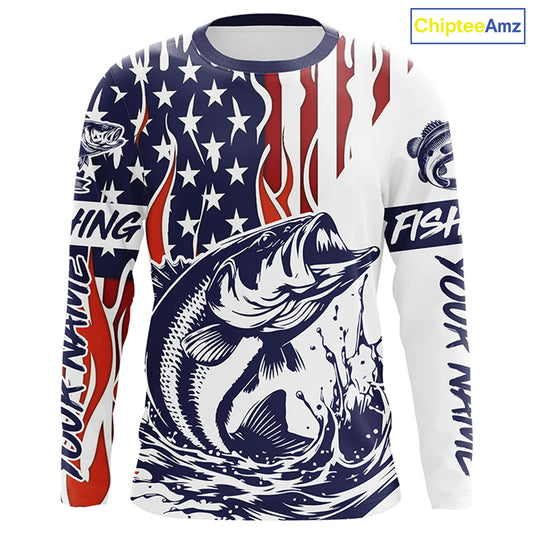Flame American Flag Custom Bass Long Sleeve Tournament Fishing Shirts, Patriotic Bass Fishing Jersey IPHW5942