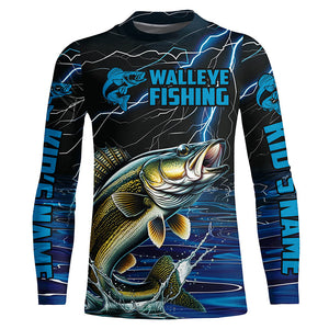 Blue Thunder Lightning Custom Walleye Long Sleeve Tournament Fishing Shirts, Walleye Fishing Jerseys IPHW5996