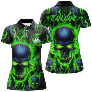 Custom Ladies Bowling Polo Shirts Green Flame Skull Team Bowling Jerseys Halloween Outfits IPHW5379