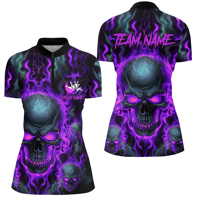 Custom Ladies Bowling Quarter Zip Shirts Purple Skull Flame Bowling Shirts For Team IPHW5380