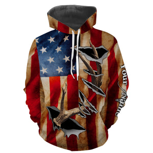 American Flag Deer Horn Hunting Shirts, Personalized Patriotic Hunting Gifts For Hunters - IPHW721