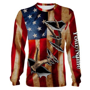 American Flag Deer Horn Hunting Shirts, Personalized Patriotic Hunting Gifts For Hunters - IPHW721