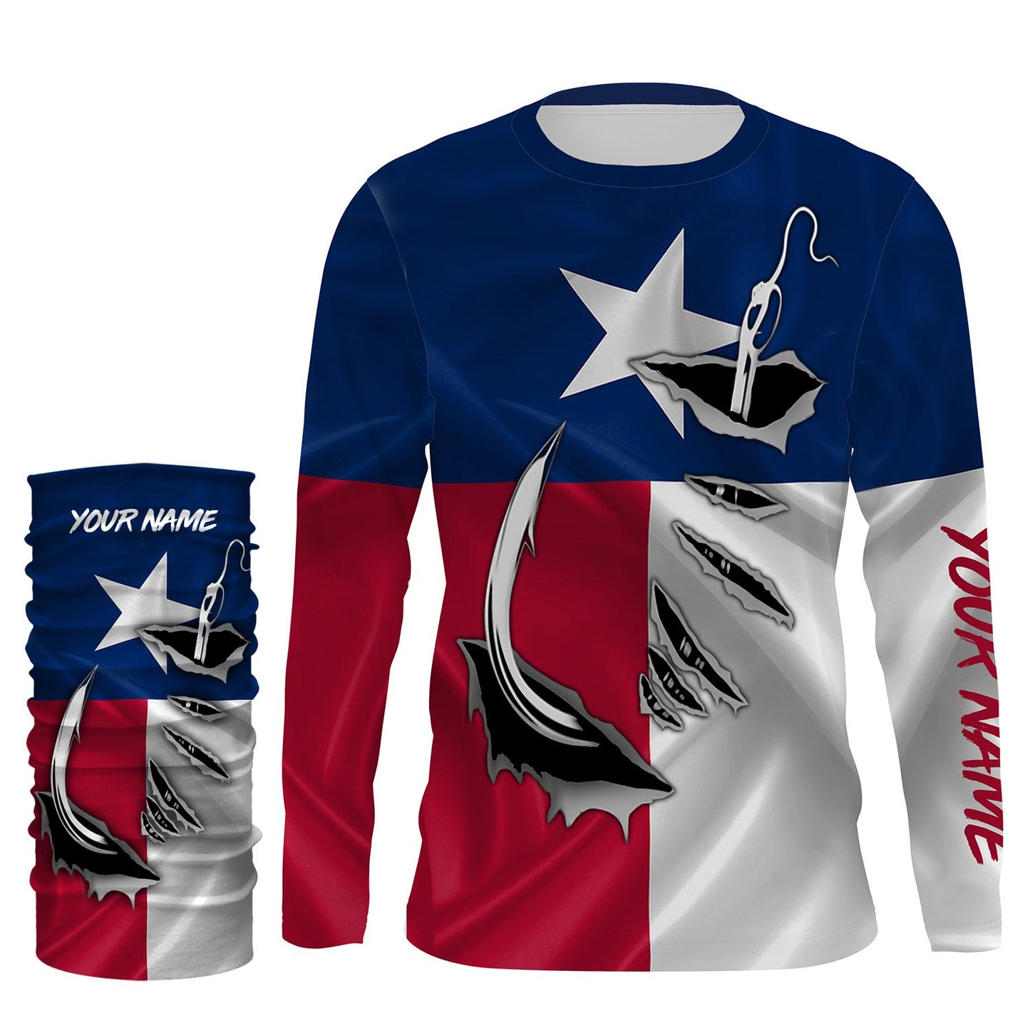 TX Fishing 3D Fish Hook Texas Flag UV protection custom long sleeves shirts personalized fishing apparel gifts IPH1891