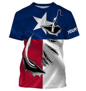 TX Fishing 3D Fish Hook Texas Flag UV protection custom long sleeves shirts UPF 30+ personalized fishing apparel gifts - IPH1891