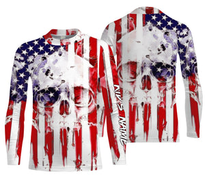 Skull American Flag Custom Long Sleeve performance Shirts, personalized Patriotic 4th of july apparel - IPHW1275