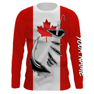 Canada Flag Fishing 3D Fish Hook UV protection quick dry customize name long sleeves shirts personalized Patriotic fishing apparel gift for Fishing lovers IPH1903