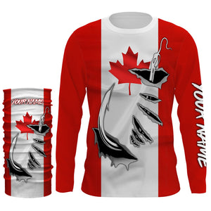 Canada Flag Fishing 3D Fish Hook UV protection quick dry customize name long sleeves shirts personalized Patriotic fishing apparel gift for Fishing lovers IPH1903