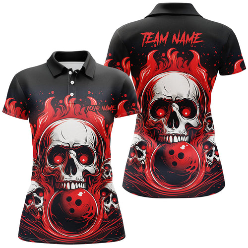 Custom Red Skull Bowling Team Shirts, Flame Bowling Jerseys Bowlers Shirts For Women IPHW5841