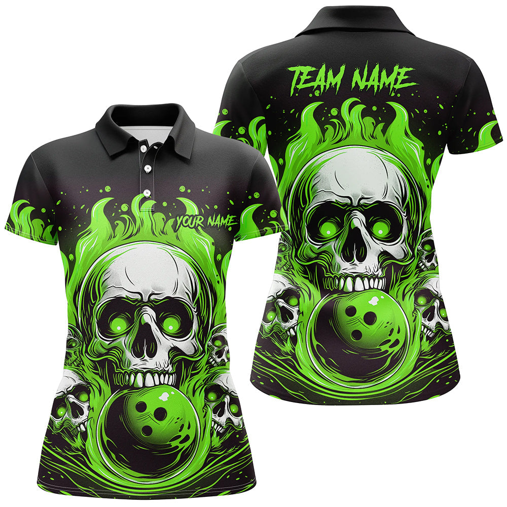 Custom Green Skull Bowling Team Shirts, Flame Bowling Jerseys Bowlers Shirts For Women IPHW5842