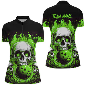 Custom Green Skull Bowling Team Shirts, Flame Bowling Jerseys Bowlers Shirts For Women IPHW5842