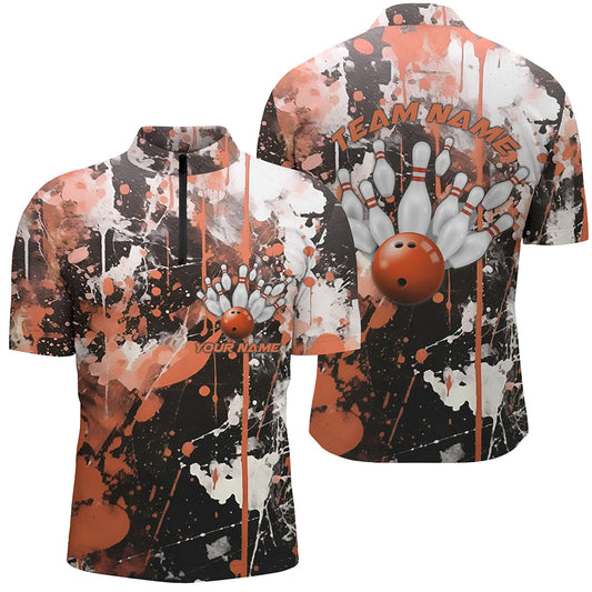 Orange Camo Bowling Team Shirts Men Quarter Zip Personalized Bowling League Jerseys IPHW5412