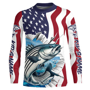 Custom American Flag Striped Bass Long Sleeve Fishing Shirts, Patriotic Striper Fishing Jerseys IPHW6117