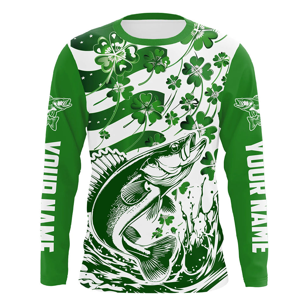 Custom St Patrick'S Day American Flag Walleye Fishing Shirts, Shamrock Flag Walleye Fishing Jerseys IPHW5896