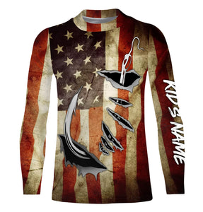 Fish Hook Vintage American Flag Custom Long Sleeve Fishing Shirts, Personalized Patriotic Fishing Gifts FEB21 - IPHW661