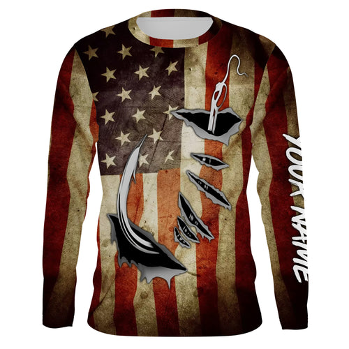 Fish Hook Vintage American Flag Custom Long Sleeve Fishing Shirts, Personalized Patriotic Fishing Gifts FEB21 - IPHW661