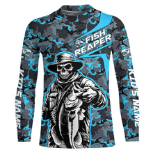 Load image into Gallery viewer, Custom Fish Reaper Skull Bass Long Sleeve Fishing Shirt, Bass Hunter Blue Camo Fishing Jerseys IPHW5638