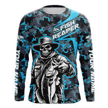 Load image into Gallery viewer, Custom Fish Reaper Skull Bass Long Sleeve Fishing Shirt, Bass Hunter Blue Camo Fishing Jerseys IPHW5638