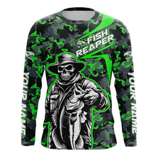 Load image into Gallery viewer, Custom Fish Reaper Skull Bass Long Sleeve Fishing Shirt, Bass Hunter Green Camo Fishing Jerseys IPHW5639