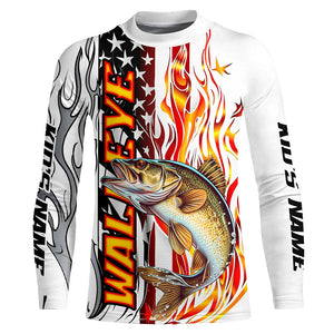 Flame American Flag Custom Walleye Long Sleeve Fishing Shirts, Patriotic Walleye Fishing Jerseys IPHW5941