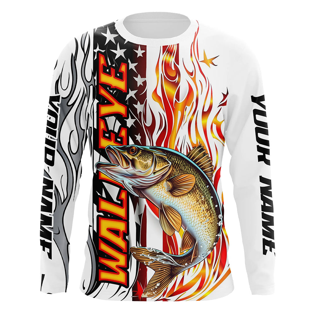 Flame American Flag Custom Walleye Long Sleeve Fishing Shirts, Patriotic Walleye Fishing Jerseys IPHW5941