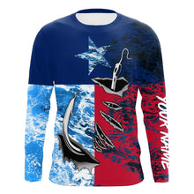 Load image into Gallery viewer, Texas Flag Fish Hook Custom Name Uv Long Sleeve Fishing Shirts With Ocean Waves Texture IPHW5067