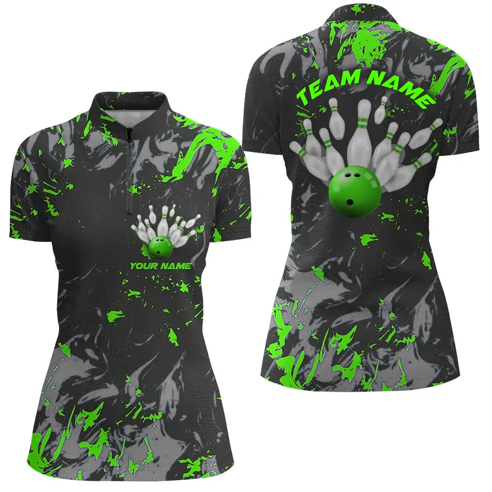 Black And Green Camo Bowling Team Shirts Custom Women Quarter Zip Bowling League Shirts IPHW5362