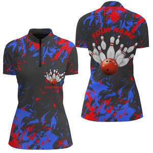 Blue And Red Camo Bowling Team Shirts Custom Women Quarter Zip Shirts Bowling League Shirts IPHW5363